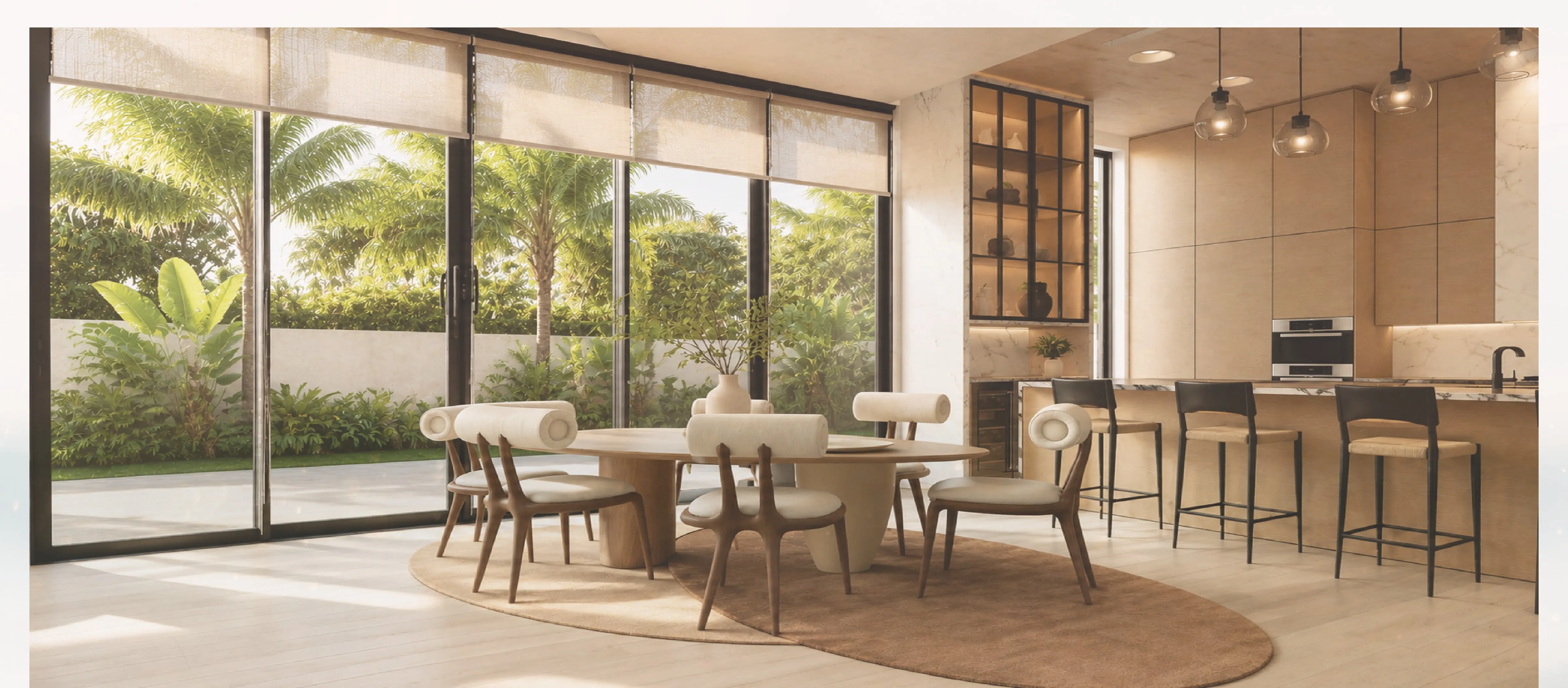 Dining room — oval oak table beneath a wall of glass to the garden