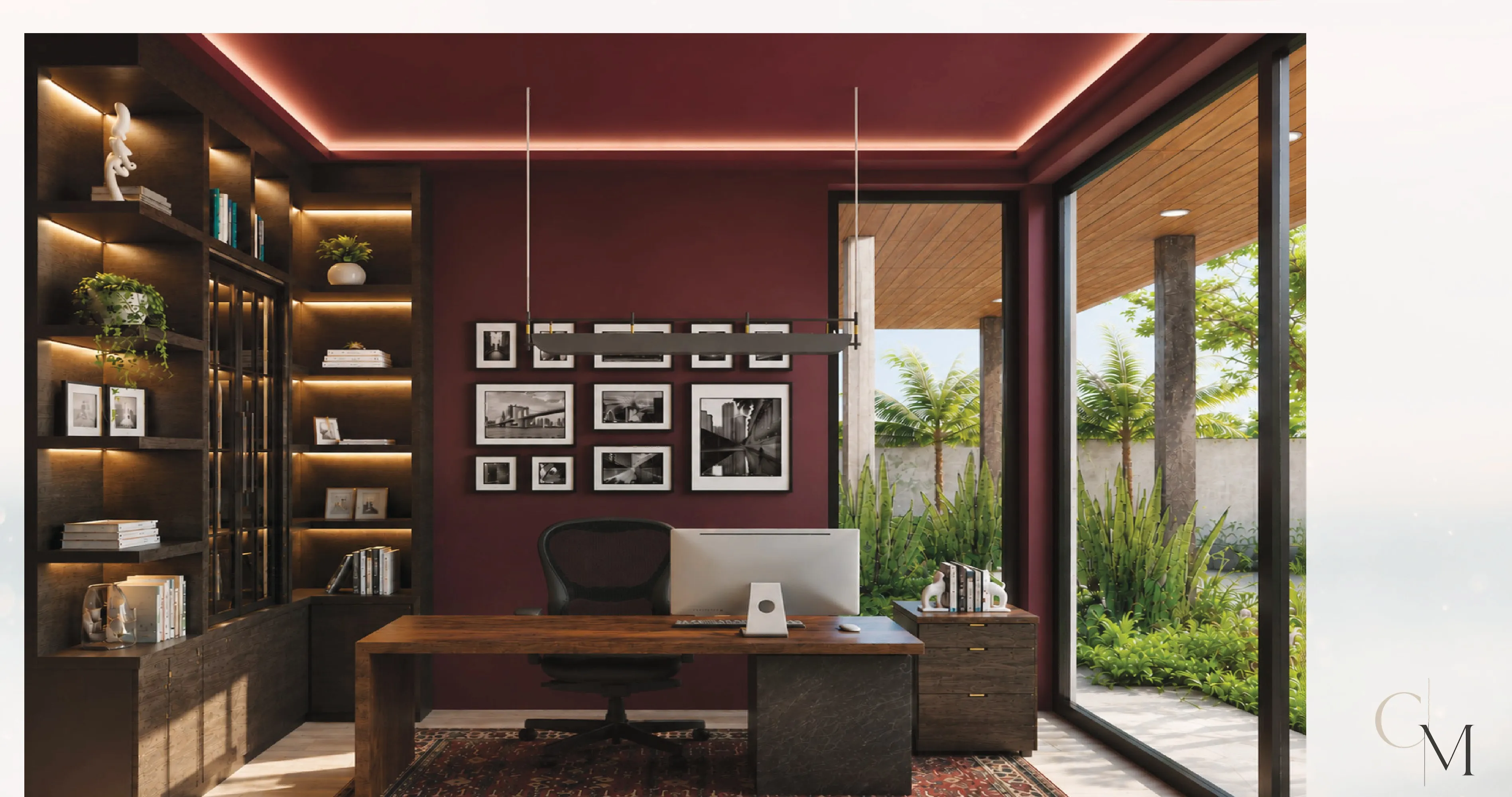 Office — burgundy walls, walnut joinery, ocean view