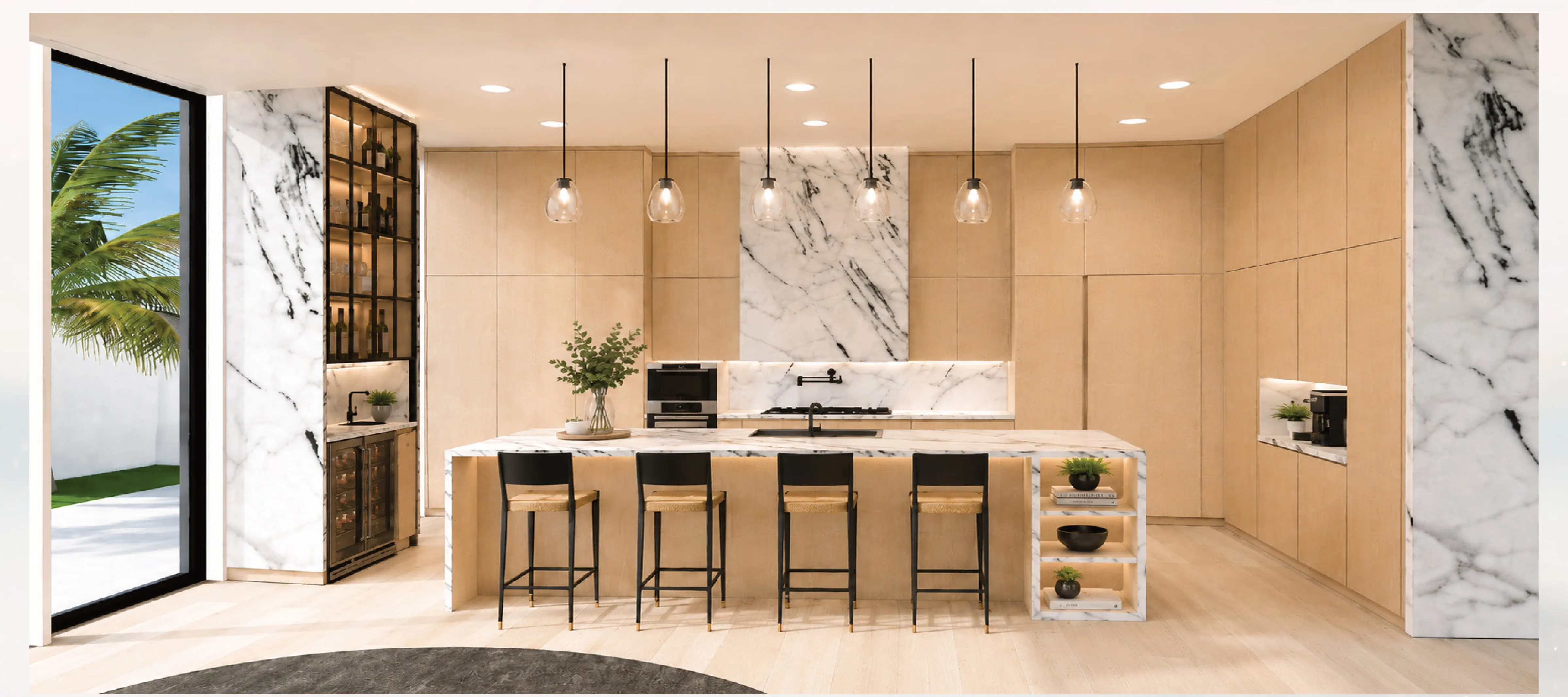 Kitchen — white oak cabinetry, calacatta marble waterfall island, glass pendants