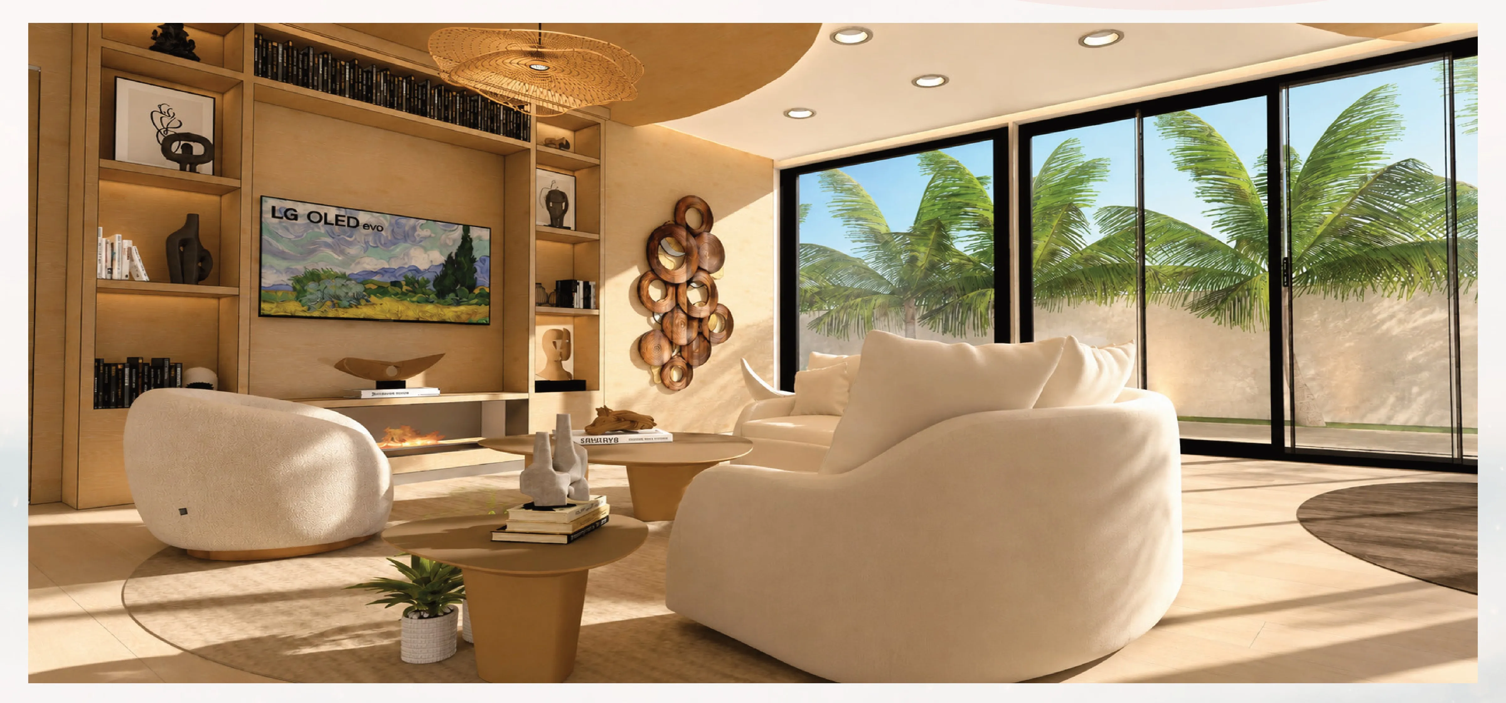 Living room — curved bouclé seating, fireplace, floor-to-ceiling palm views