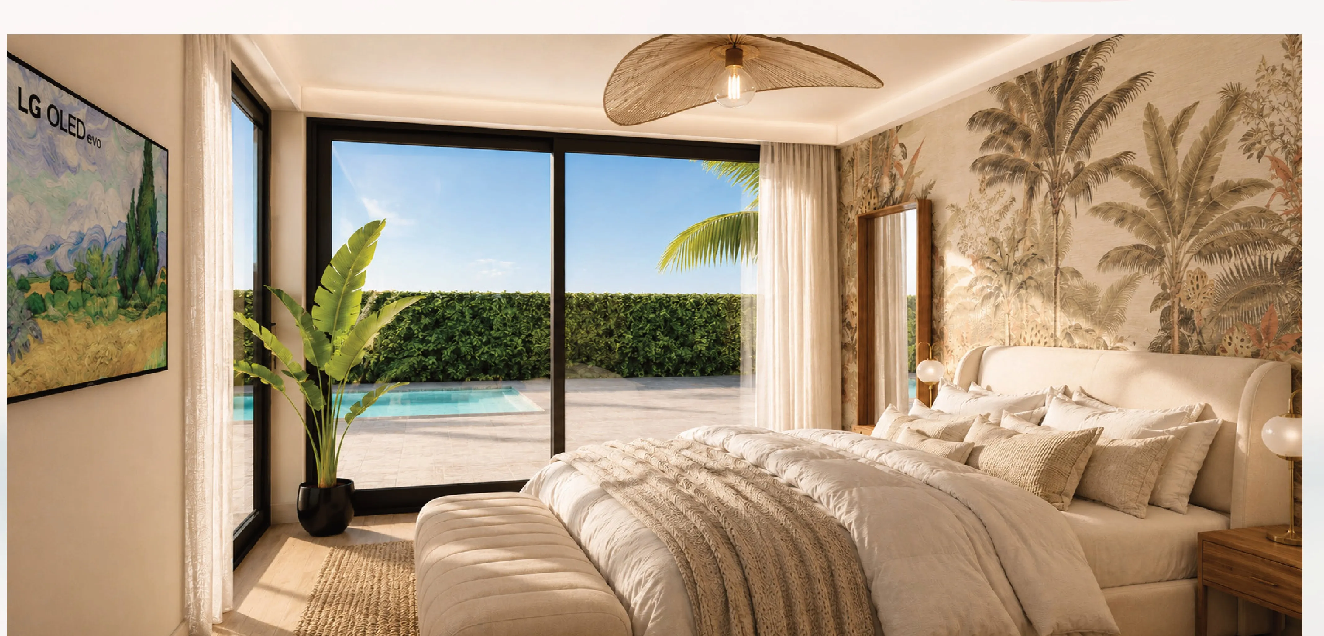Main bedroom — tropical mural headboard wall opening to the pool